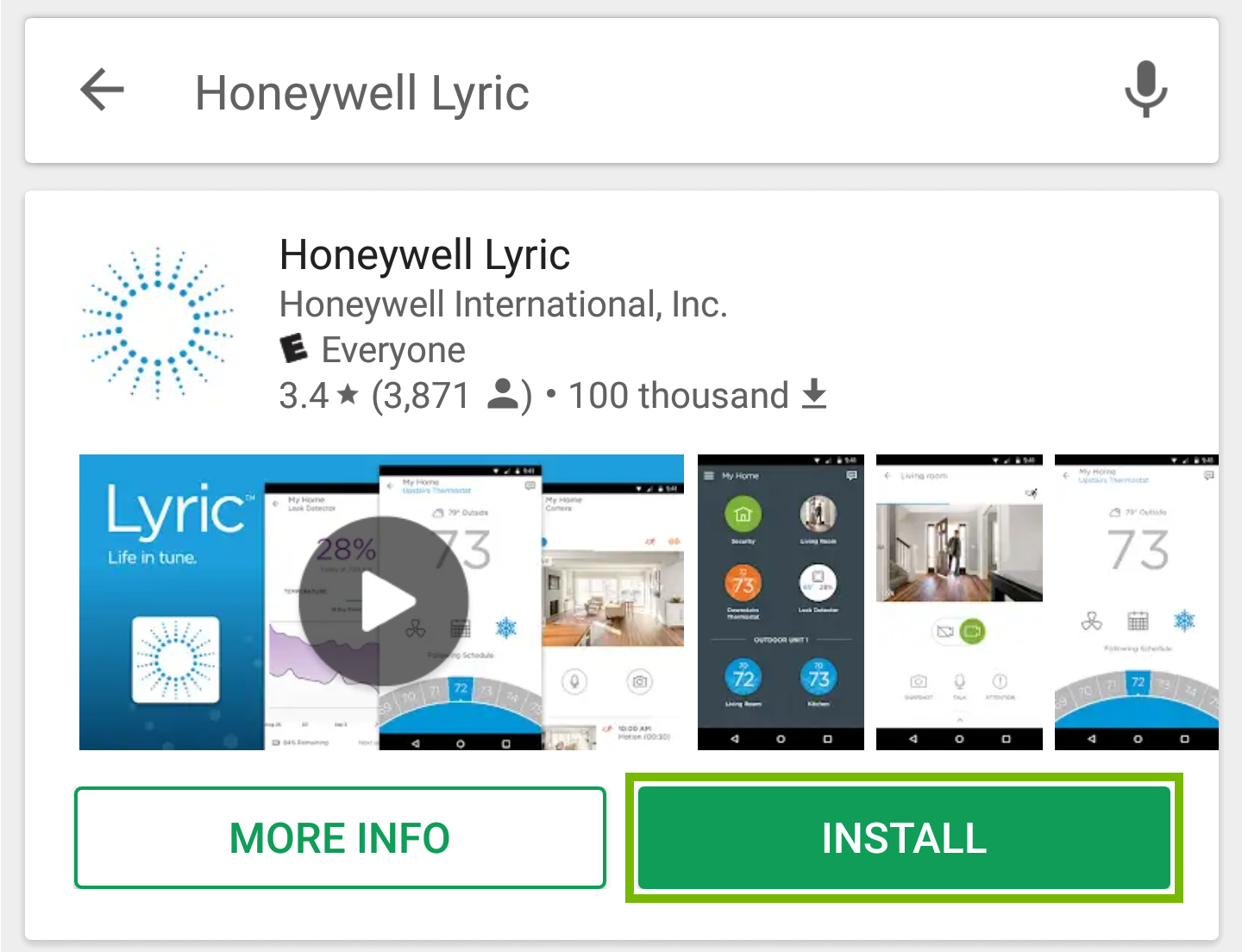 Picture indicating to press the install button for the Honeywell Lyric app