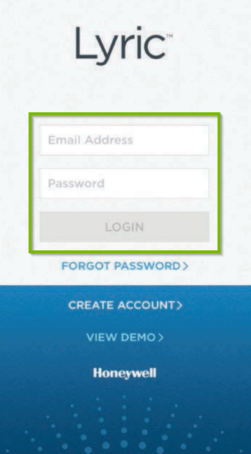 Honeywell Lyric app login screen.