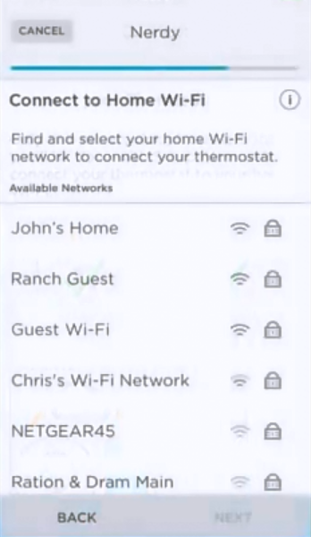 Wi-Fi network selection screen.