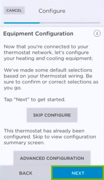 Equipment configuration screen.