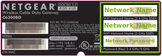 Example sticker from a router highlighting the wireless network name and security key on it.