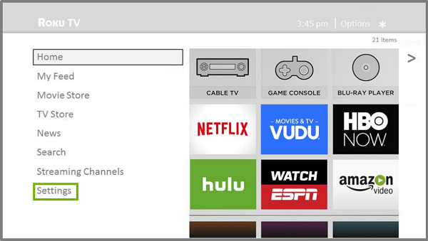 Roku Main screen with Settings Highlighted. Illustration