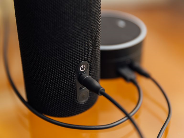 Amazon echo and speaker showing them plugged in