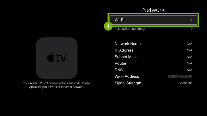 Network settings screen with Wi-Fi option highlighted.