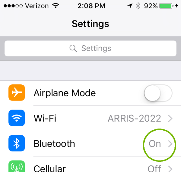 Settings menu with Bluetooth status highlighted. Screenshot