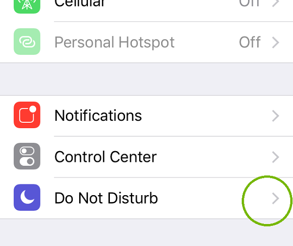iOS settings menu with DND highlighted. Screenshot