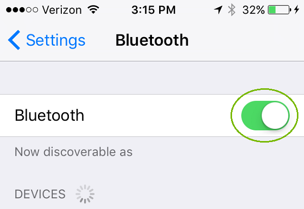 Bluetooth menu with slider on. Screenshot