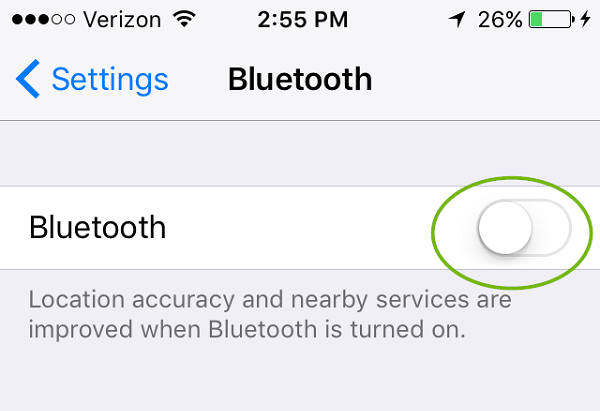Bluetooth menu with slider off. Screenshot