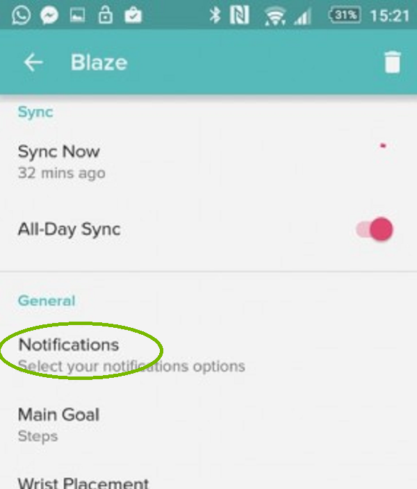 Fitbit app with Notifications highlighted. Screenshot