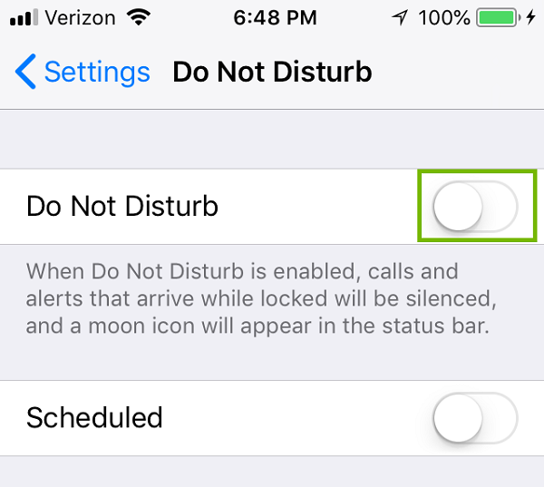 iOS DND menu with slider off. Screenshot