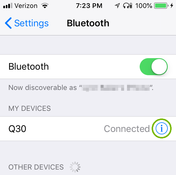 Bluetooth menu with i icon highlighted. Screenshot