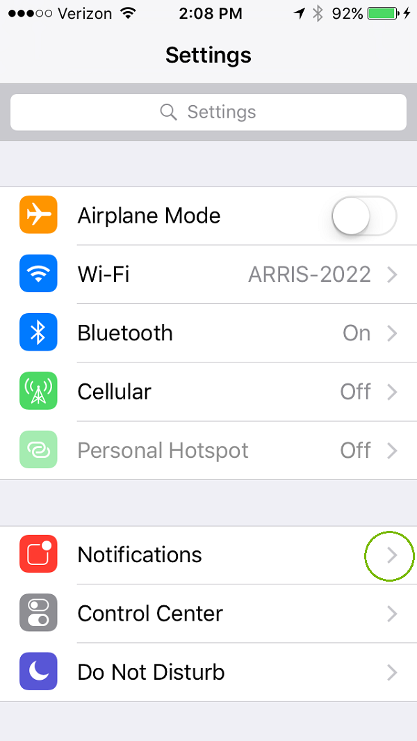 Settings menu with notifications highlighted. Screenshot