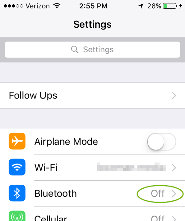 Settings menu with Bluetooth highlighted. Screenshot.