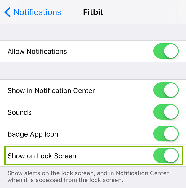 Fitbit Notifications with Show on Lock Screen highlighted. Screenshot