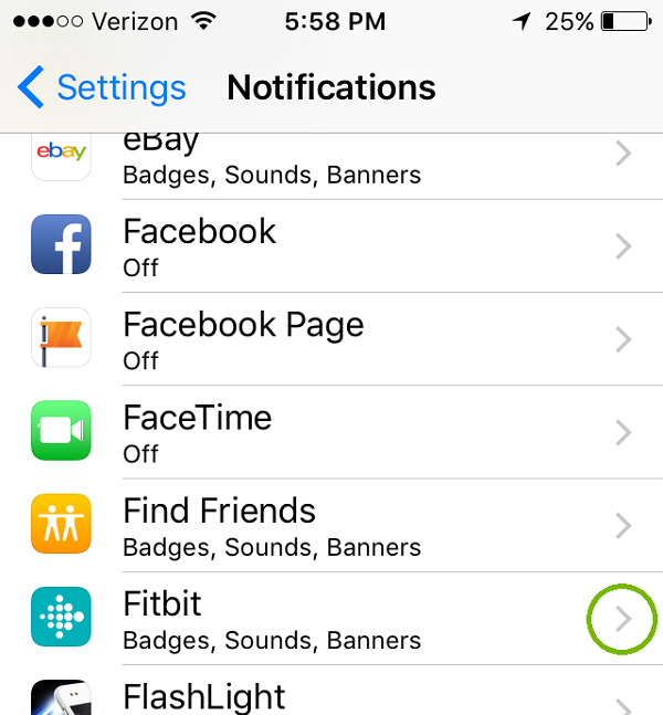 Notifications menu with Fitbit highlighted. Screenshot