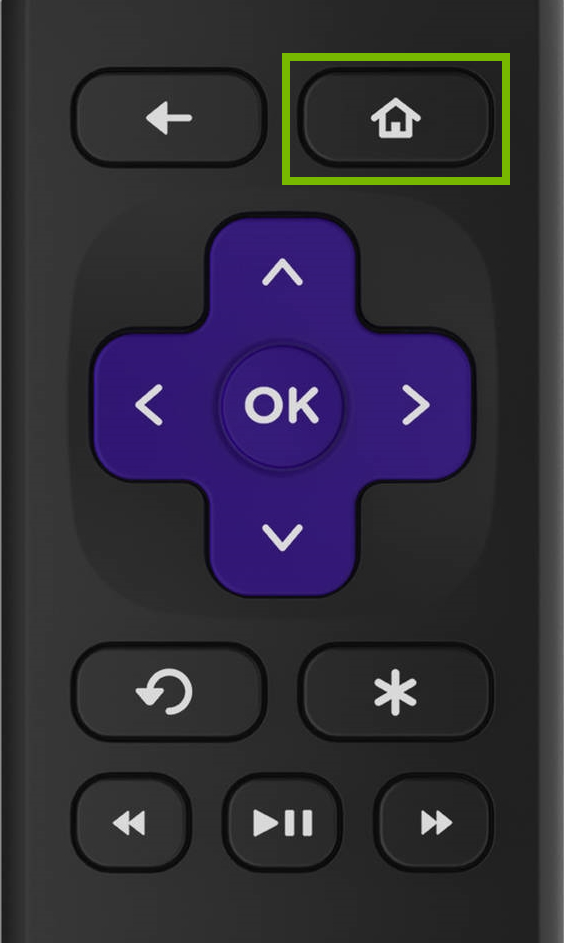 Home button highlighted on Roku remote.