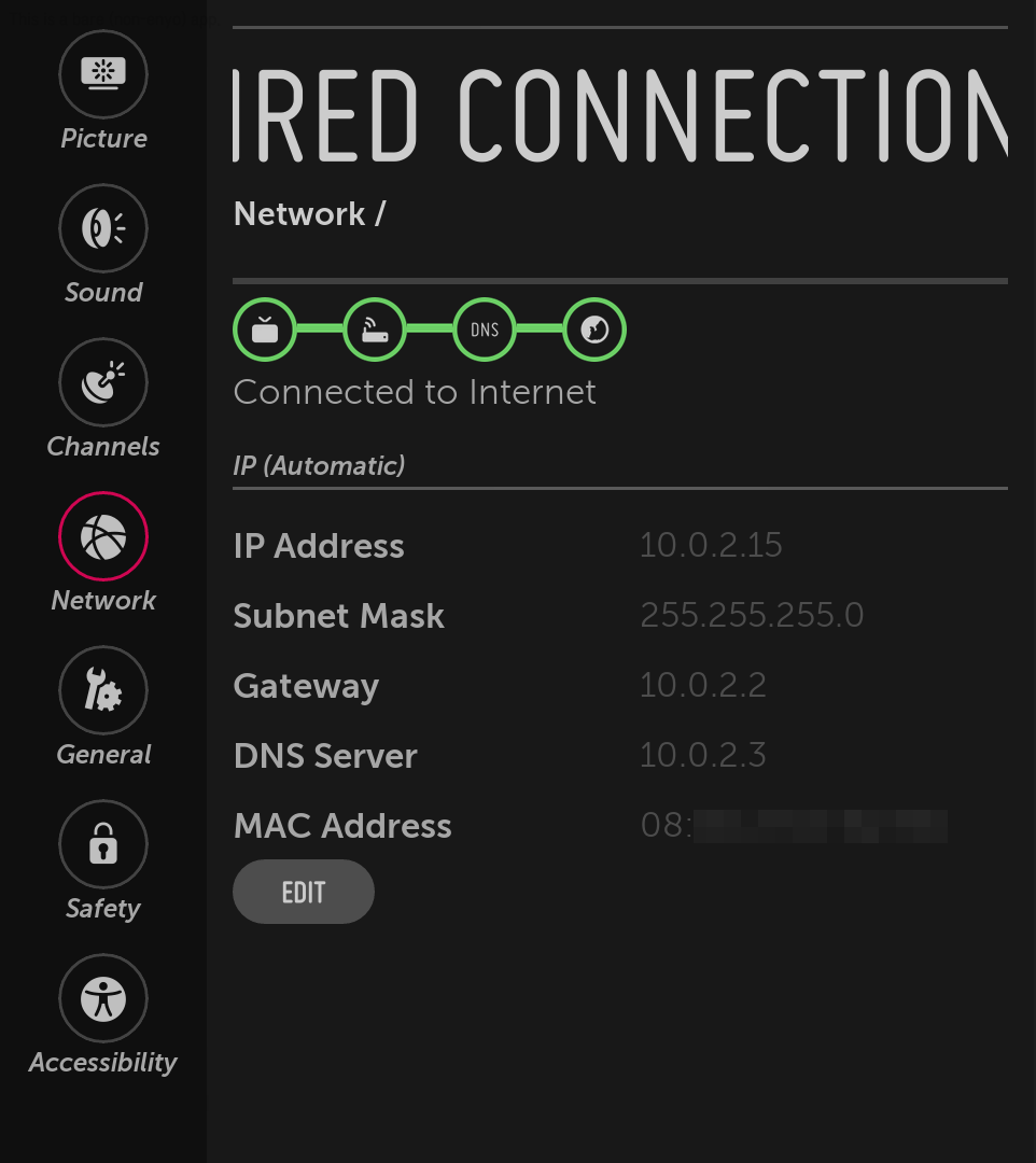 Connection status screen.