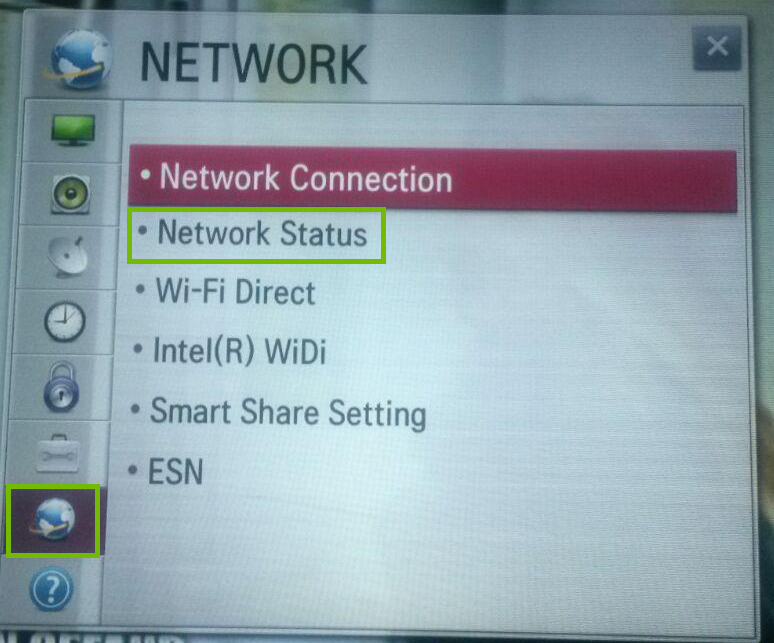 Settings with Network and Network Status highlighted.
