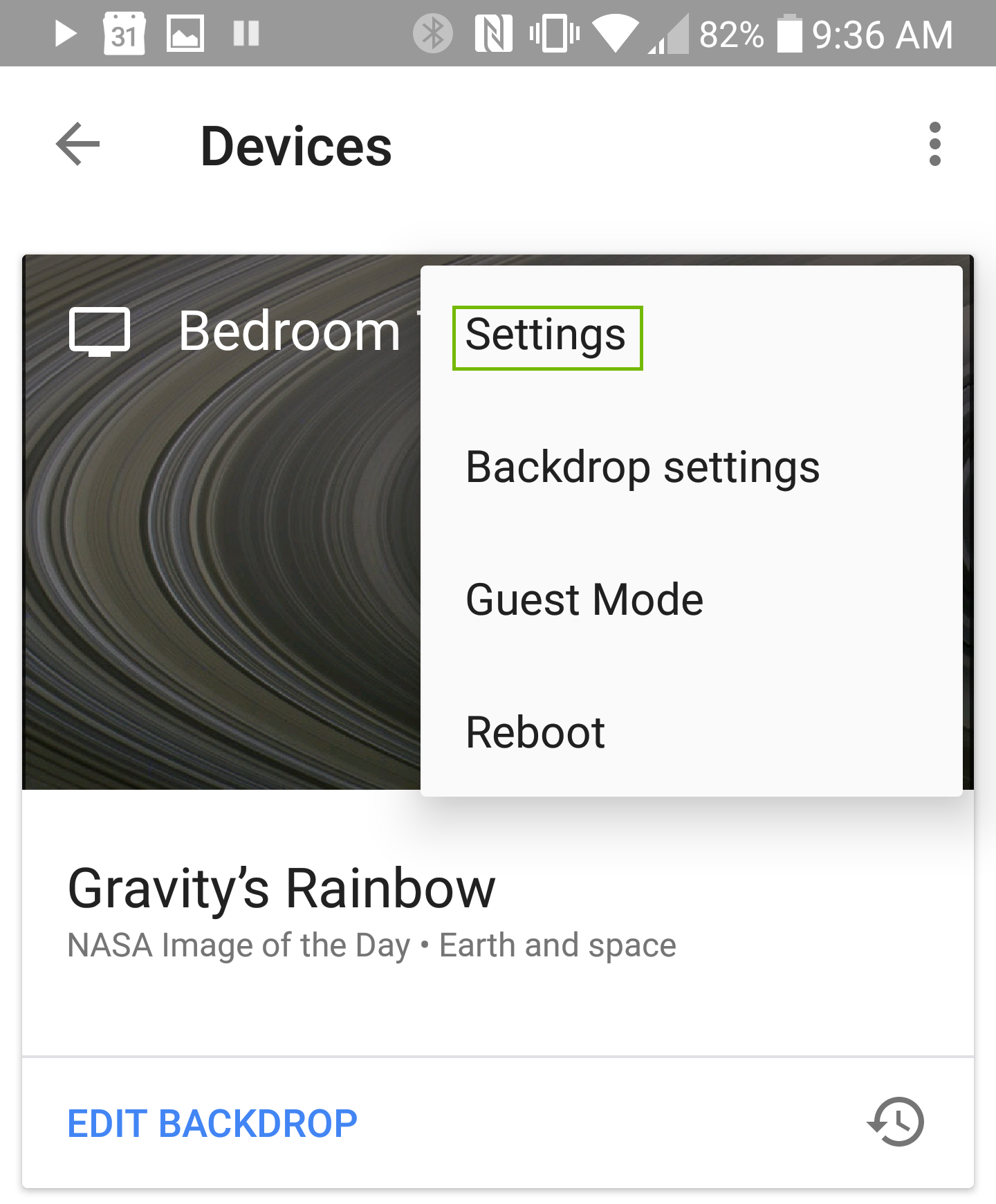 Device menu with Settings highlighted.