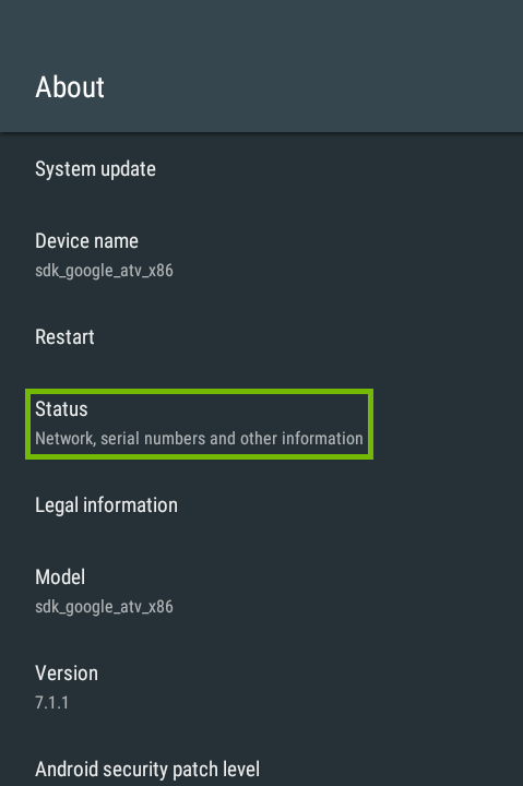 About with Status highlighted.