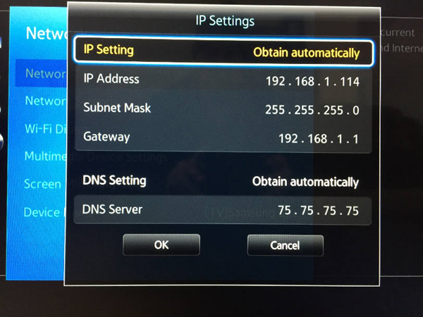 Samsung IP Settings menu