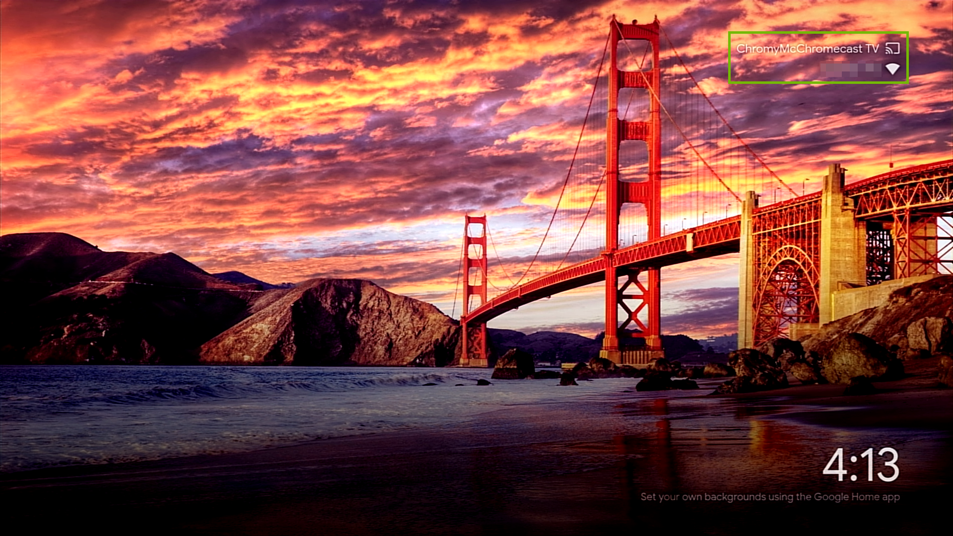 Chromecast Startup Wallpaper with Device name and Wi-Fi network name highlighted.