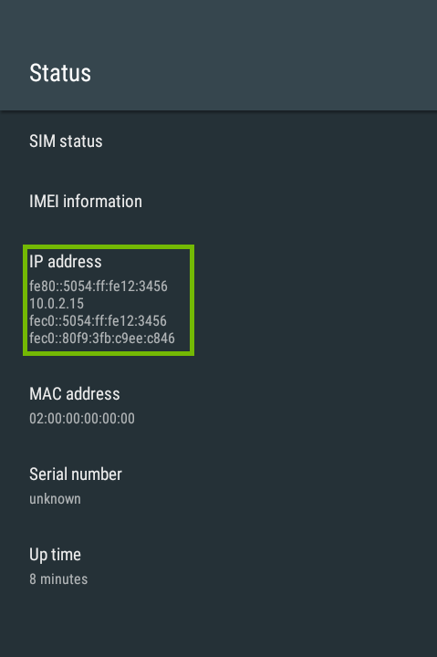 Status with IP address area highlighted.