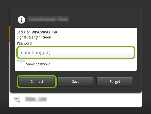 Password field and Connect button highlighted on Kindle Fire.