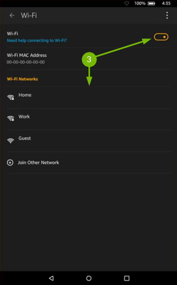 Wi-Fi network selection list.