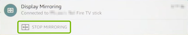 Stop Mirroring highlighted below the quick menu.