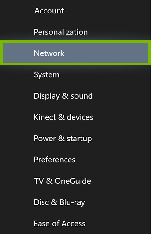 Network option highlighted in Xbox One settings.