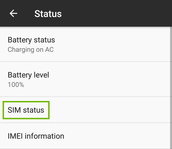 Status with SIM status highlighted.