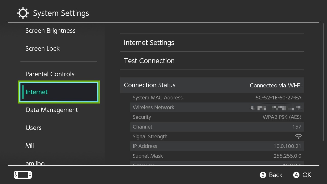 System Settings with Internet highlighted