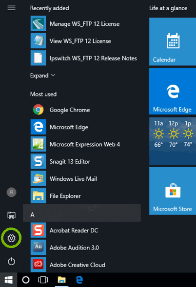 Settings Icon in Start Menu