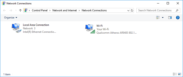 Network connection window. Screenshot