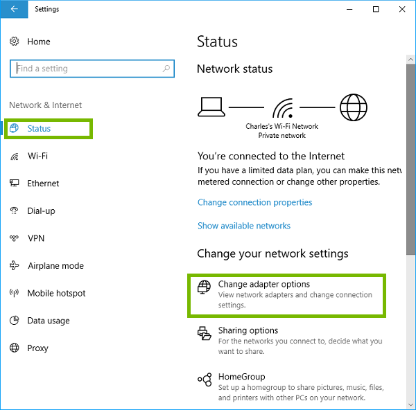 Status menu with Change adapter options highlighted. Screenshot