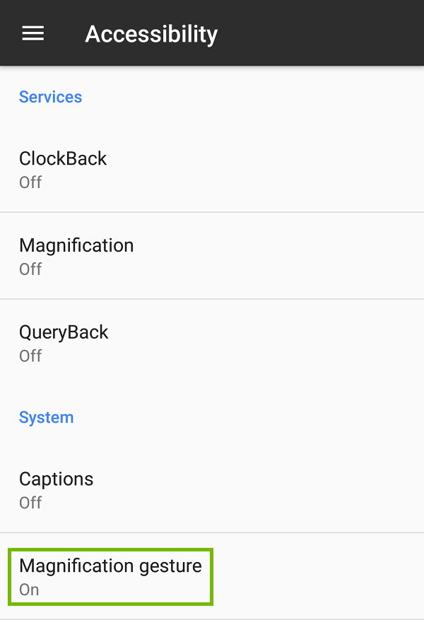 Accessibility with Magnification gesture highlighted.