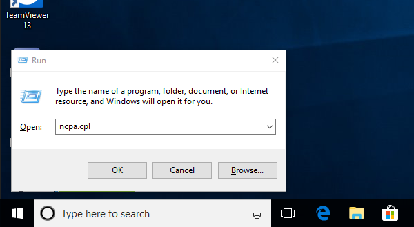 Run window with ncpa.cpl typed in. Screenshot