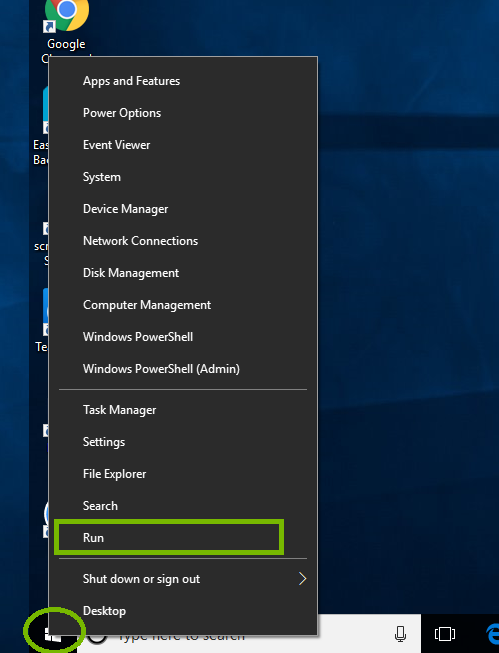 Menu with Run highlighted. Screenshot