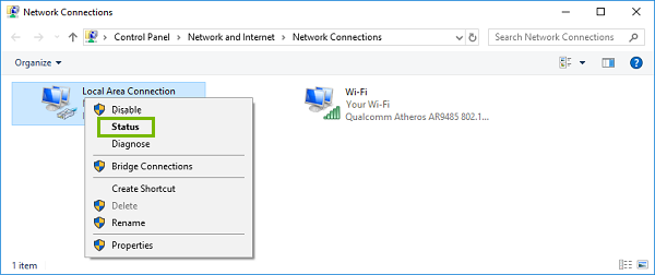 Network Connections window with Status highlighted. Screenshot