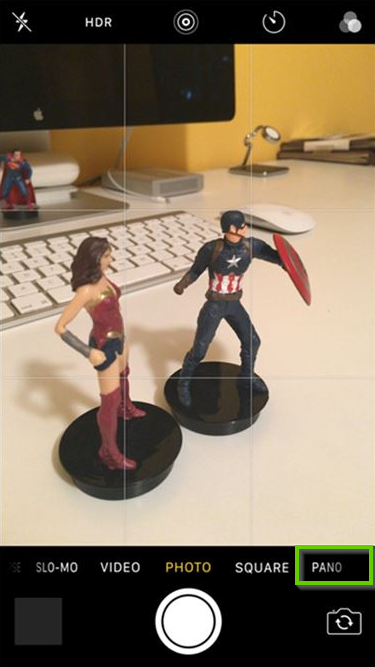 iOS camera interface showing the PANO button highlighted.