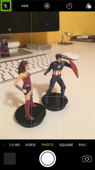 The iOS camera showing the flash button highlighted.