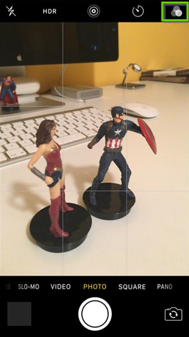 iOS camera interface showing the filters icon selected.