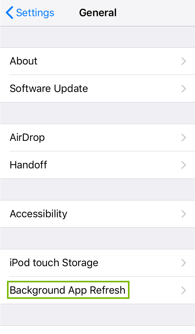 General settings with Background App Refresh selected. Screenshot.