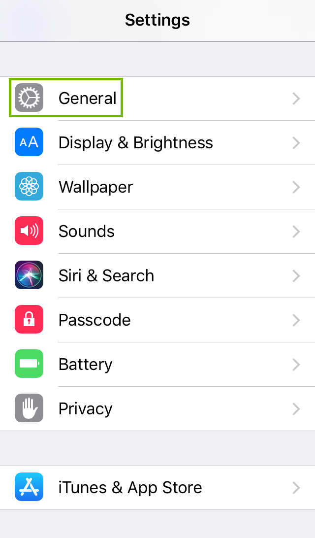 Settings menu with General selected. Screenshot.