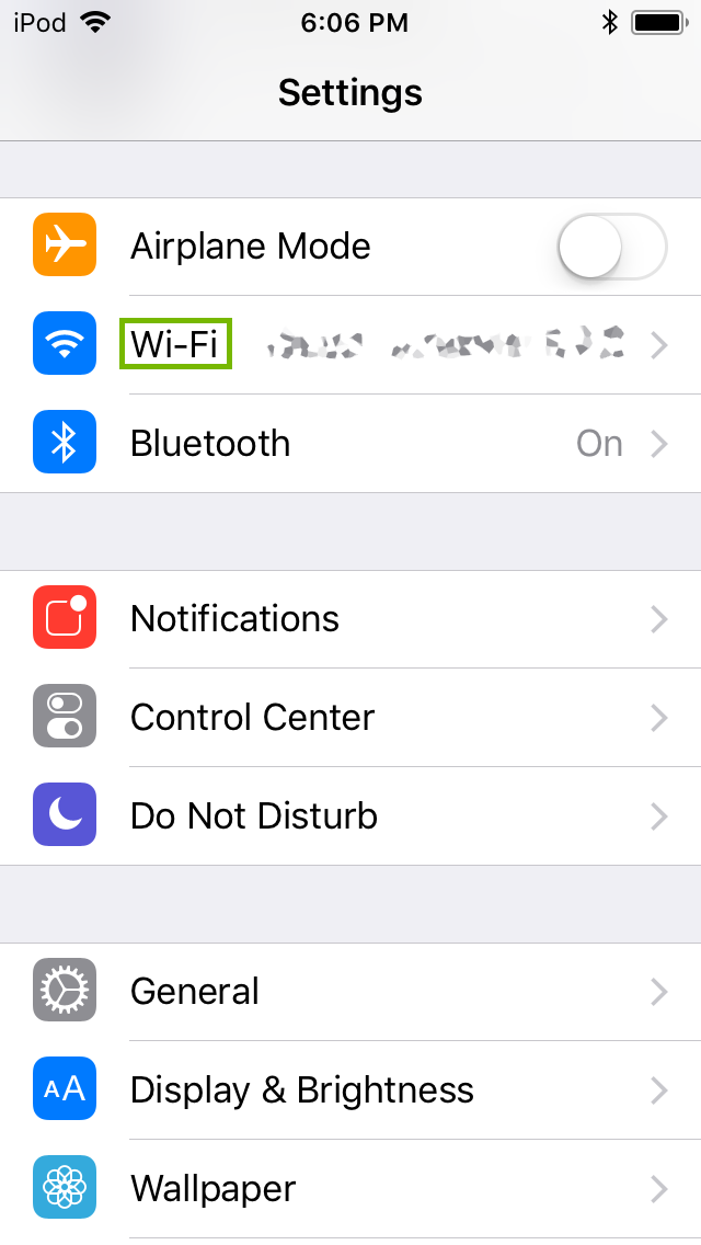 Settings menu with Wi-Fi selected. Screenshot.