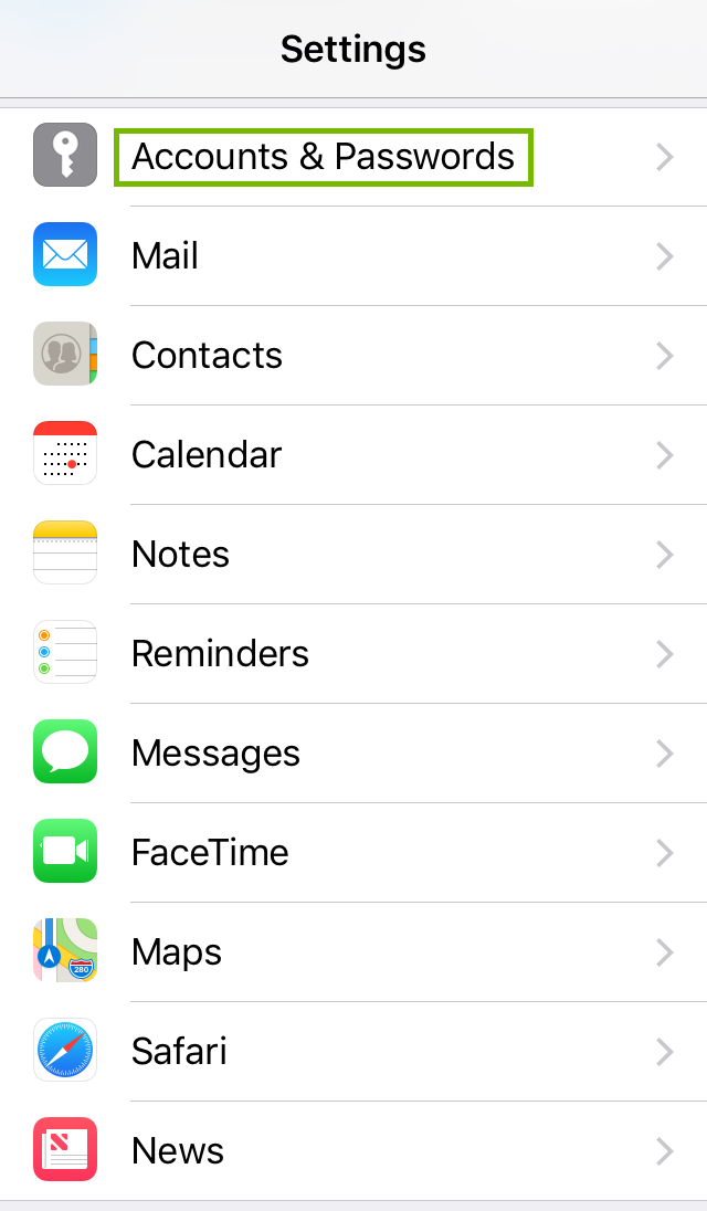 Settings menu with Accounts and Passwords selected. Screenshot.