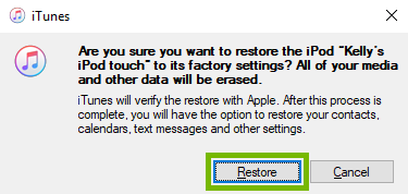 Restore confirmation box with Restore option selected. Screenshot.