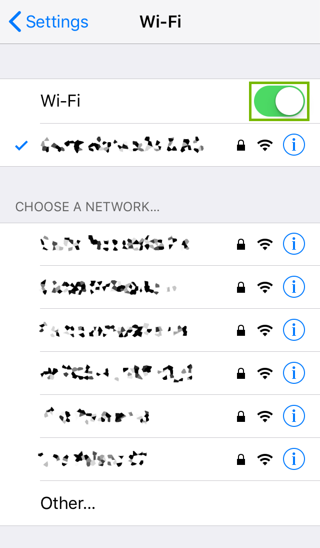 Wi-Fi settings with radio toggled. Screenshot.