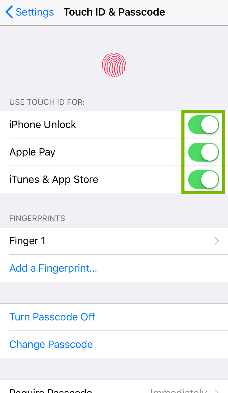 Touch ID and Passcode settings with toggle for touch ID. Screenshot.